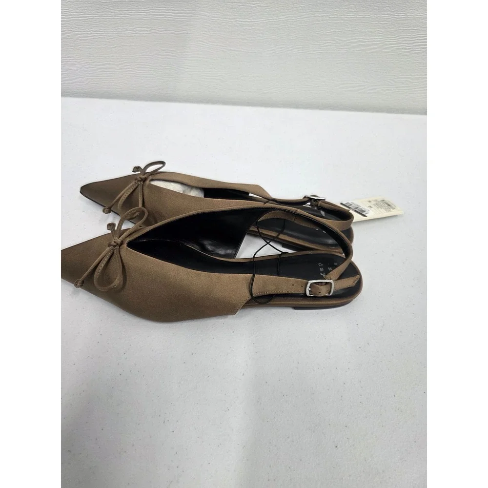 A New Day Camille Taupe Satin Pointed Toe Slingback Bow Flats Shoes Size 10 NWT